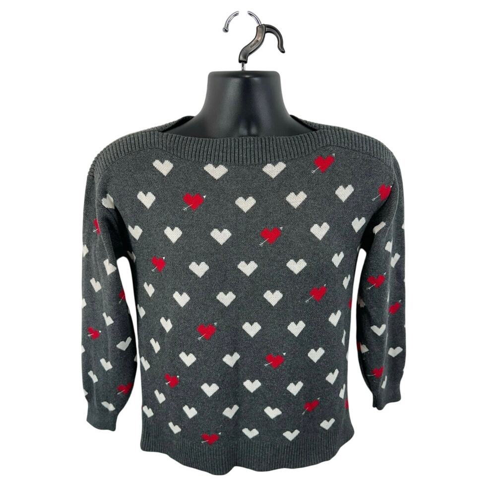 Loft Heart Print Boatneck Sweater Knit Size XS AOP Grey Red Preppy Camp
